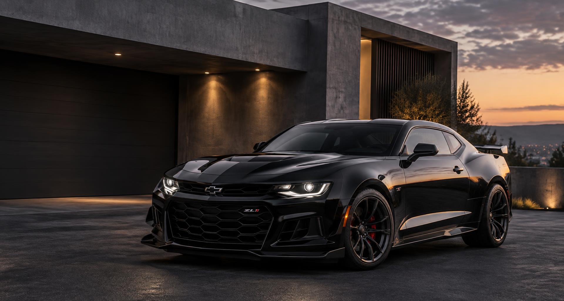 Black Camaro ZL1 outside a modern automotive garage